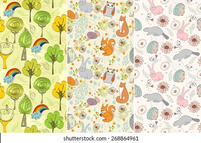 Hand drawn seamless pattern with forest  animals