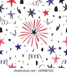 Hand drawn seamless pattern with Fourth of July doodles. Fourth of July holiday. Independence Day. Vector illustration.