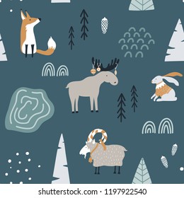 Hand drawn seamless pattern with fox, goat, elk and rabbit in forest. Scandinavian christmas design. Good for fabric, textile. Vector wallpaper.