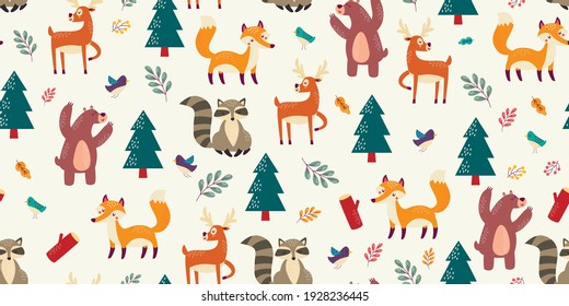 Hand drawn seamless pattern with fox, bear, deer and raccoon in forest. Scandinavian children design. Good for fabric, textile. Vector wallpaper.
