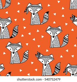 hand drawn seamless pattern with fox