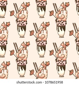 Hand drawn seamless pattern with freakshakes. Freakshake milkshake vector background.
