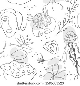 hand drawn seamless pattern in freehand line art style with underwater sea nautical and mermaid  motifs. Cute summer doodle background