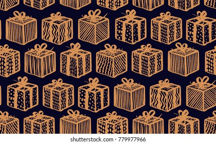 Hand drawn seamless pattern. Freehand draw. Christmas presents gifts on dark blue background. Vector illustration.