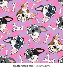 Hand drawn seamless pattern with French Bulldog breed 
on background design for fabric, wrapping, textile, posters, wallpaper, 
apparel illustrations. Textile composition. Vector illustration.