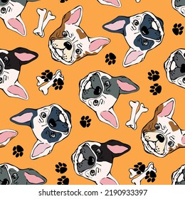 Handgezeichnet nahtloses Muster mit französischer Bulldog-Rasse 
auf Hintergrunddesign für Gewebe, Umhüllung, Textilien, Poster, Tapeten, 
Kleidungsillustrationen. Textile Zusammensetzung. Vektorgrafik.