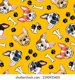 Hand drawn seamless pattern with French Bulldog breed 
on background design for fabric, wrapping, textile, posters, wallpaper, 
apparel illustrations. Textile composition. Vector illustration.