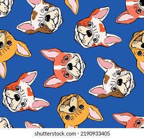 Hand drawn seamless pattern with French Bulldog breed 
on background design for fabric, wrapping, textile, posters, wallpaper, 
apparel illustrations. Textile composition. Vector illustration.