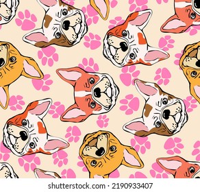 Hand drawn seamless pattern with French Bulldog breed 
on background design for fabric, wrapping, textile, posters, wallpaper, 
apparel illustrations. Textile composition. Vector illustration.