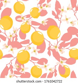 Patrón sin costuras dibujado a mano con limones frescos, hojas rosadas con flores. Papel de pared de verano colorido. Colección de cítricos.  Bien por imprimir.
