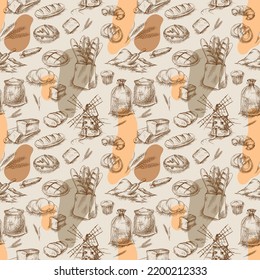 Hand drawn seamless pattern of fresh bread and wheat rolls, croissant, baguette, mill. Bakery background. vector illustration.