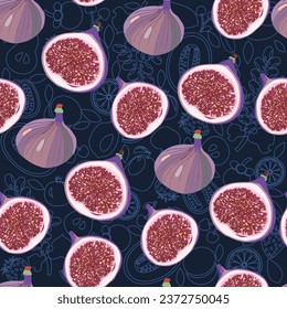 Hand drawn seamless pattern with fresh  delicious figs whole and half on dark background. Can use for pattern, template, banner, posters, invitation and greeting card. 