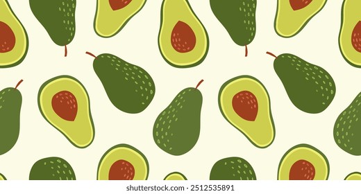 Hand drawn seamless pattern with fresh green avocado. Fresh avocado with seeds and slices. Summer trendy modern background. Healthy food. Vector flat illustration.