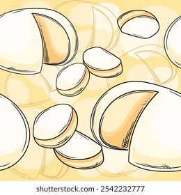 Hand drawn seamless pattern fresh mozzarella cheese depicted in a seamless pattern on a creamy yellow background. Ideal for pizzerias, Italian food products, or dairy branding. Vector illustration.