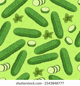 Dibujado a mano patrón sin fisuras de hojas verdes y de pepino verde y rebanadas saludables frescas 