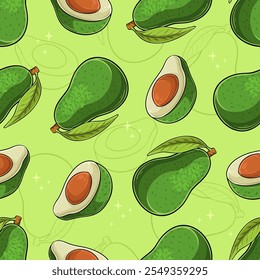 Hand drawn seamless pattern of fresh healthy green full and cut out avocado with seeds inside 