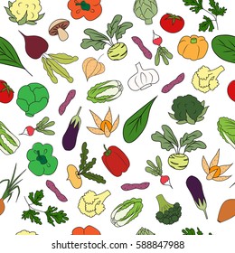 Hand drawn Seamless pattern with fresh vegetables.