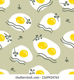 Hand drawn seamless pattern with fried eggs and greenery. Aesthetic meal print for T-shirt, fabric, textile. Doodle vector illustration for decor and design.


