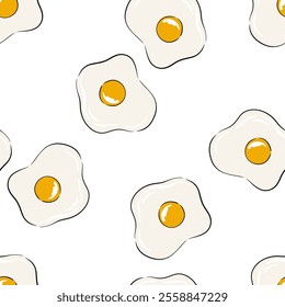 Hand drawn seamless pattern of fried eggs on a white background featuring multiple egg shapes and yolks