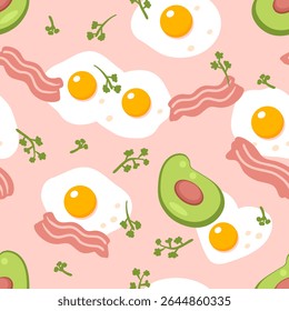Hand drawn seamless pattern with fried eggs, avocado and bacon. Perfect print for paper, fabric, textile. Food background vector illustration.

