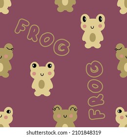 Hand drawn seamless pattern with frogling and text FROG. Perfect for T-shirt, postcard, textile and print. Doodle vector illustration for decor and design. 
