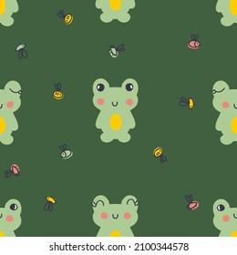Hand drawn seamless pattern with frogs and fly. Perfect for T-shirt, postcard, textile and print. Doodle vector illustration for decor and design. 
