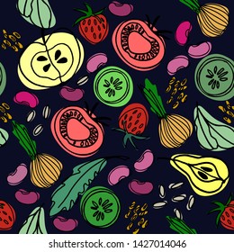 Hand drawn seamless pattern with fruit and vegetables for surface design, posters, illustrations. Healthy foods theme