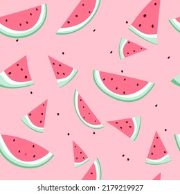 Hand drawn seamless pattern with fruit slices. Vector artistic cute pastel drawing food. Summer illustration pink watermelon.
