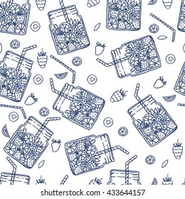 Hand drawn seamless pattern with fruit water in mason jar with berries. Vector illustration