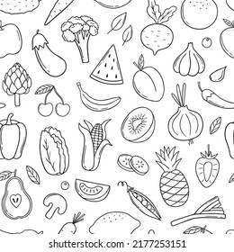 Motif harmonieux de fruits et légumes dessiné à la main. Cuisine végétarienne en croquis. Illustration vectorielle. 