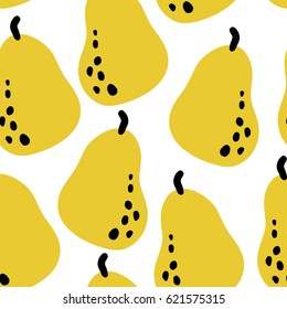 Hand drawn seamless pattern with fruits. Pears on white background in vector. Summer tropical decorative texture for textile design, backgrounds, wrapping paper. Vegan, farm, natural food illustration