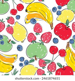 Hand drawn seamless pattern fruts Print design for fashionable textile. Fruit trendy summer fabric.