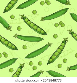 Hand drawn seamless pattern of full and peeled organic healthy green pea pods good for body health 