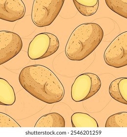 Hand drawn seamless pattern of full and half cut healthy organic golden potatoes 