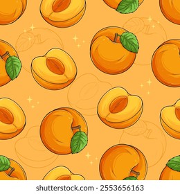 Hand drawn seamless pattern of full and half sliced juicy organic orange apricot with green leaves