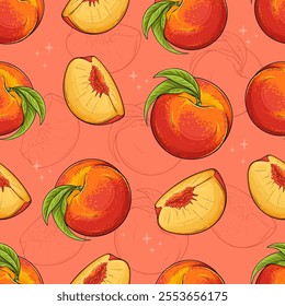 Hand drawn seamless pattern of full and sliced fresh juicy tropical peaches with green leaves on top