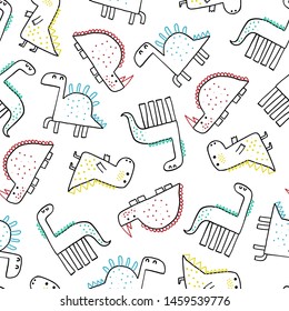 Hand drawn seamless pattern with fun dinosaurs. Perfect for kids fabric, textile, nursery wallpaper. Cute dino design. Vector illustration.