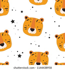 Hand drawn seamless pattern with funny tigers. Backdrop with animals. 