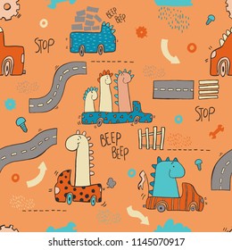 Hand drawn, seamless pattern with funny dinosaur, car, vector illustration.