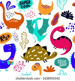 Hand drawn seamless pattern with funny dinosaurs. Sketch Jurassic reptiles. Dino characters. Backdrop for textile and fabric.