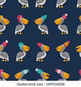 Hand drawn seamless pattern with funny pelicans in knitted pink and  blue hats. Cute waterfowl cartoon birds.  Isolated animals on dark blue background.