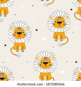 Hand drawn seamless pattern. Funny cute scandinavian lion cartoon style.Printable templates. vector print. Perfect for kids apparel, poster, baby shower card. Vector illustration