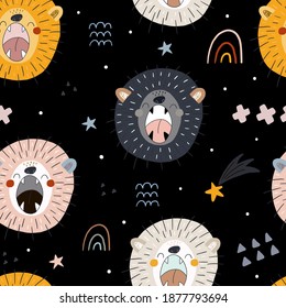 Hand drawn seamless pattern. Funny cute scandinavian lion cartoon style.Printable templates. vector print. Perfect for kids apparel, poster, baby shower card. Vector illustration