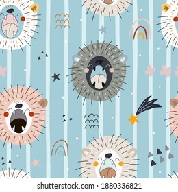 Hand drawn seamless pattern. Funny cute scandinavian lion cartoon style. Printable templates. vector print. Perfect for kids apparel, poster, baby shower card. Vector illustration