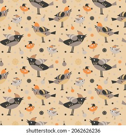 Hand Drawn Seamless pattern with funny birds family, Christmas balls and snowflakes. Warm colors. Gray, orange, beige, pink. For prints, textiles, paper. Eps 10
