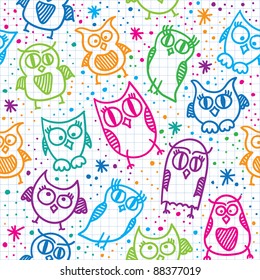 hand drawn seamless pattern with funny owls