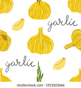 Handgezeichnet nahtloses Knoblauchmuster. Gelbe, goldene Farben. Flache Illustration.