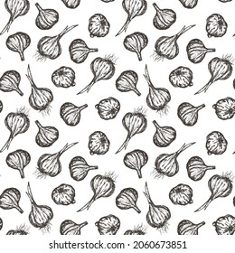 Hand drawn seamless pattern with garlic in monochrome sketch engraved style isolated on white background. Design for branding healthy food or market cover, banner, menu. Vector illustration.