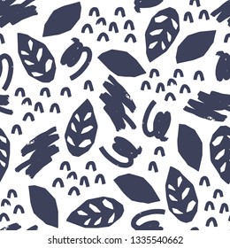 Hand drawn seamless pattern with geometric shapes. Background with cutout leaves and brush stroke. Vector illustration