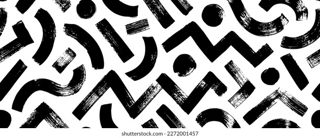 Hand drawn seamless pattern with geometric lines. Brush drawn bold stripes, dots and curved lines. Vector repeating geometric texture. Zigzag stripes. Brush scribbles decorative texture.